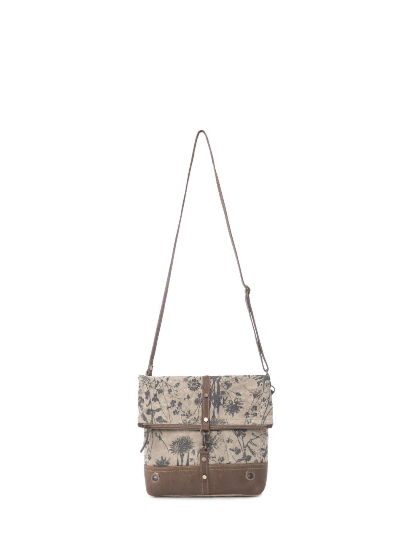 MY7 MYRA BRAND Tazzie Floral Accent Printed Canvas Crossbody Shoulder Bag with Zipped Fold Over and Secure Latch for Added Style and Security