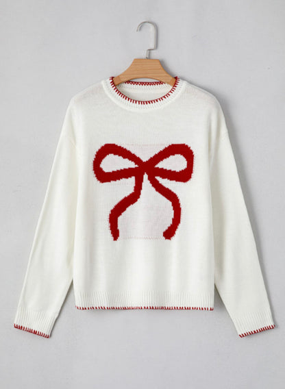 Bow Sweater with the sweetest Red accent blanket stitching details