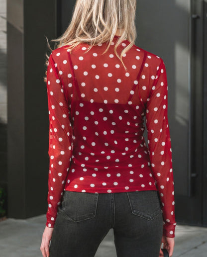 MLPD Mesh Polka Dot Long Sleeve Top in Red or Black