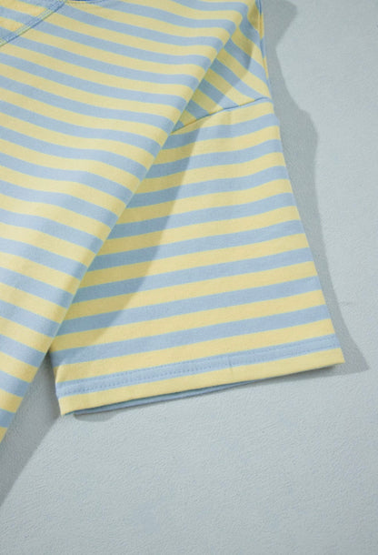 MLBYS Blue and Yellow Stripe 2 Piece Pant Set with Oversize Short Sleeve Top and Contrast Colori Elastic Waistband Pants with Drawstring and Pockets