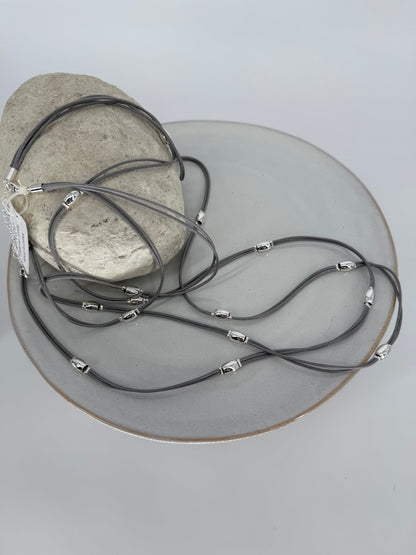 Trezo Gray Leather Double Necklace with Silver Accents