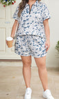 PP21 Camo Print 2pc Short Set with Contrast Color Zip Up Neckline Collar Top and Elasric Waist Drawstring Shorts with Pockets