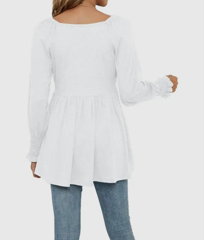 White baby doll top with elastic cuff sleeve