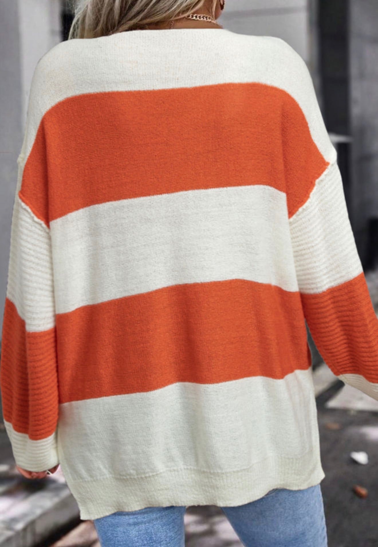 MLOR Orange and White Wide Stripe v Neck Sweater