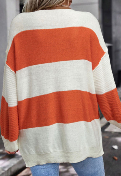MLOR Orange and White Wide Stripe v Neck Sweater