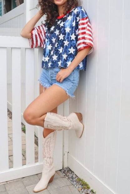 SS Red White and Blue Sequin Top