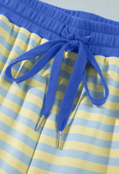 MLBYS Blue and Yellow Stripe 2 Piece Pant Set with Oversize Short Sleeve Top and Contrast Colori Elastic Waistband Pants with Drawstring and Pockets
