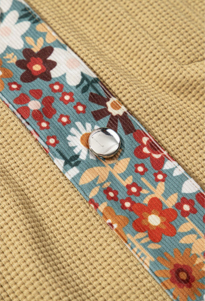 Tan waffle weave jacket with floral sleeves