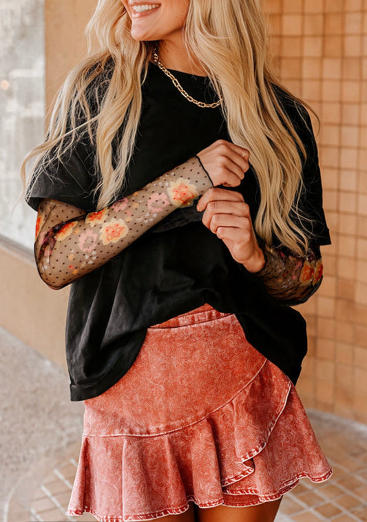 Black T-shirt with sheer floral  sleeves