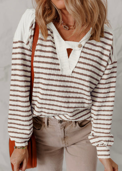 A36 Taupe Striped Hooded Shirt with Wooden Button - Ivy's Gifts & Boutique