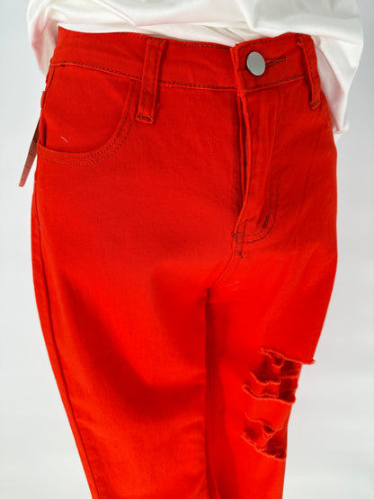 Orange Distressed Stretch Pants