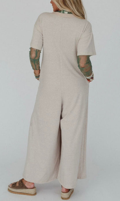 Natural Tone Jumpsuit with Buttons and Pockets