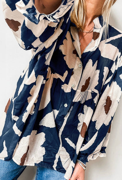 Navy Blue Top with Cream and Brown Bold Print