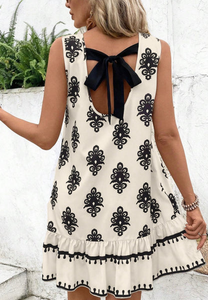 Ivory and Black Print Dress with Back Tie at neck