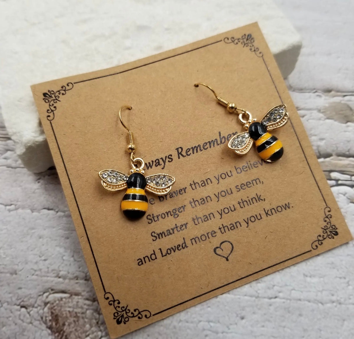Ivy's Gifts & Boutique BER Bee Always Remember sentiment earrings displayed with card, featuring bee and floral design.