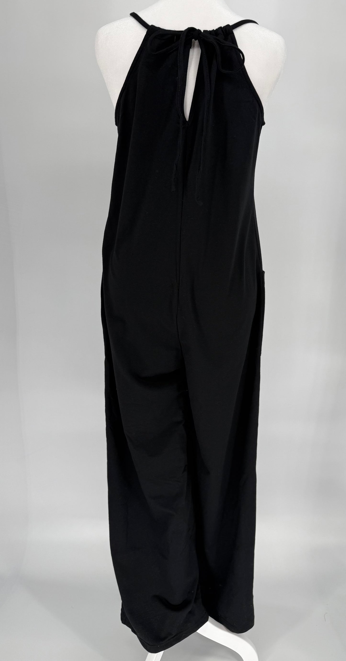Black Loose Fit Overalls with Tie Neck
