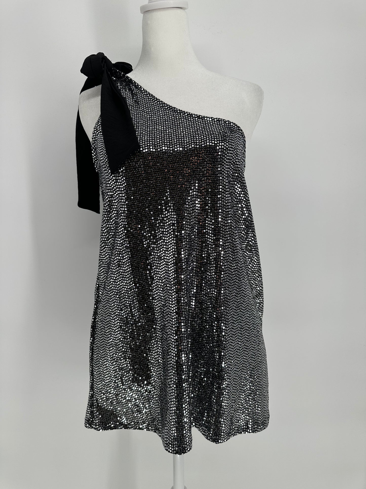 Black top with Silver Shimmer Sequins and One Shoulder Tie