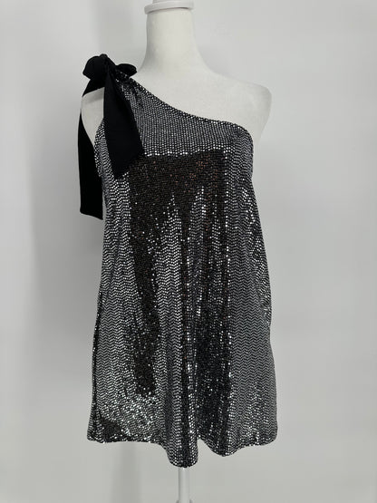 Black top with Silver Shimmer Sequins and One Shoulder Tie