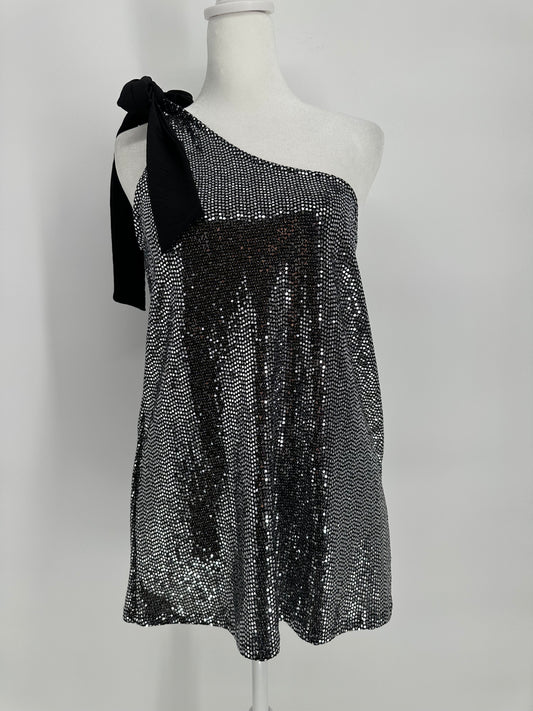Black top with Silver Shimmer Sequins and One Shoulder Tie