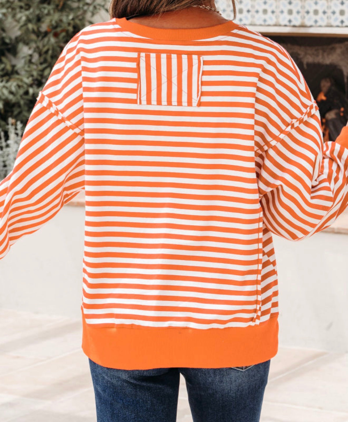 MLOS Orange and White Stripe Long Sleeve Top with Exposed Raw Edge Seams and Back