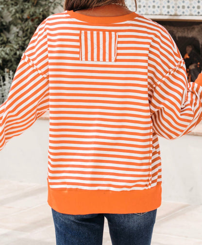 MLOS Orange and White Stripe Long Sleeve Top with Exposed Raw Edge Seams and Back