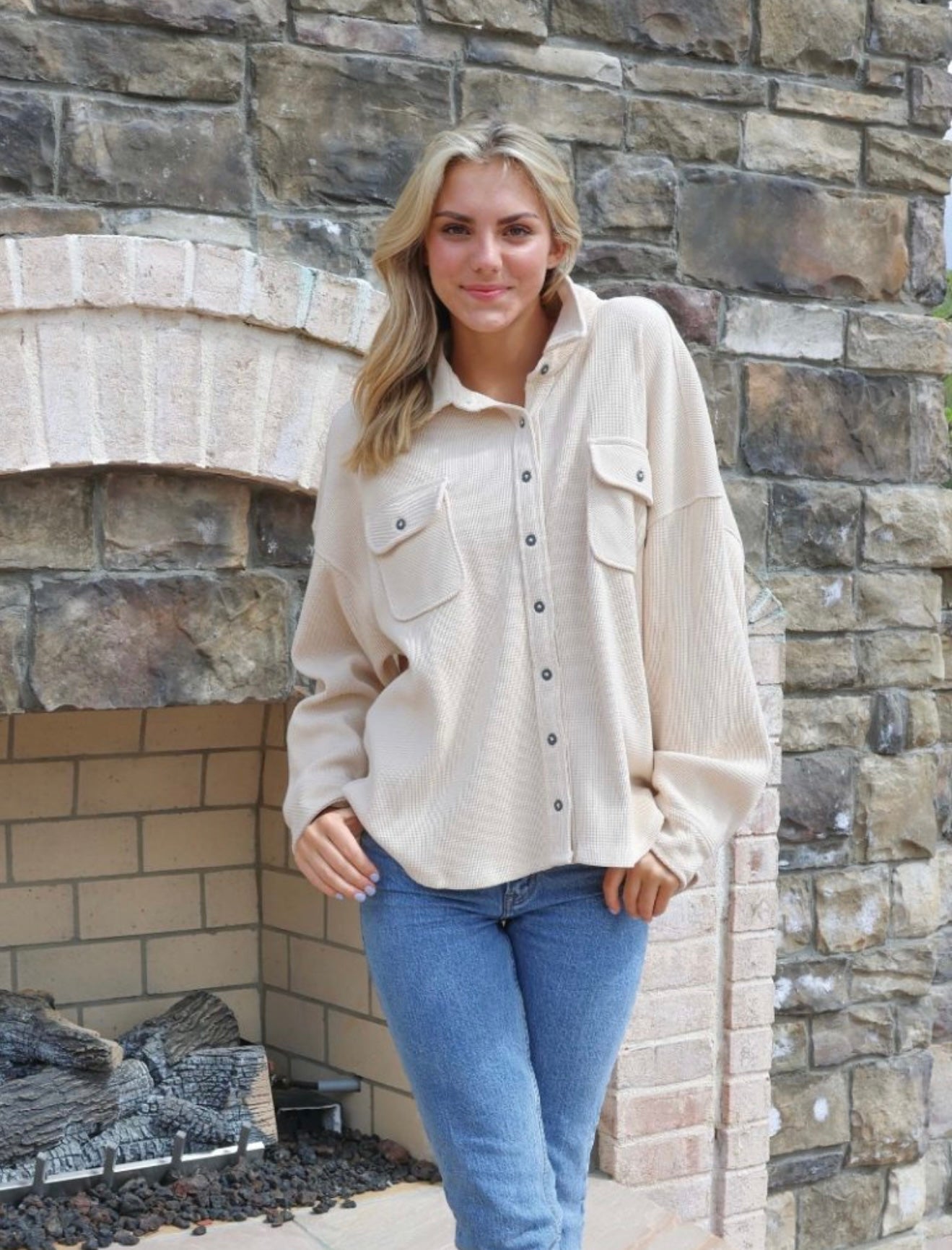 SS Cream Waffle Weave Button Top