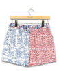 Red, white, and blue patchwork block style shorts from Ivy's Gifts & Boutique, showing a casual, colorful design with a comfortable fit.