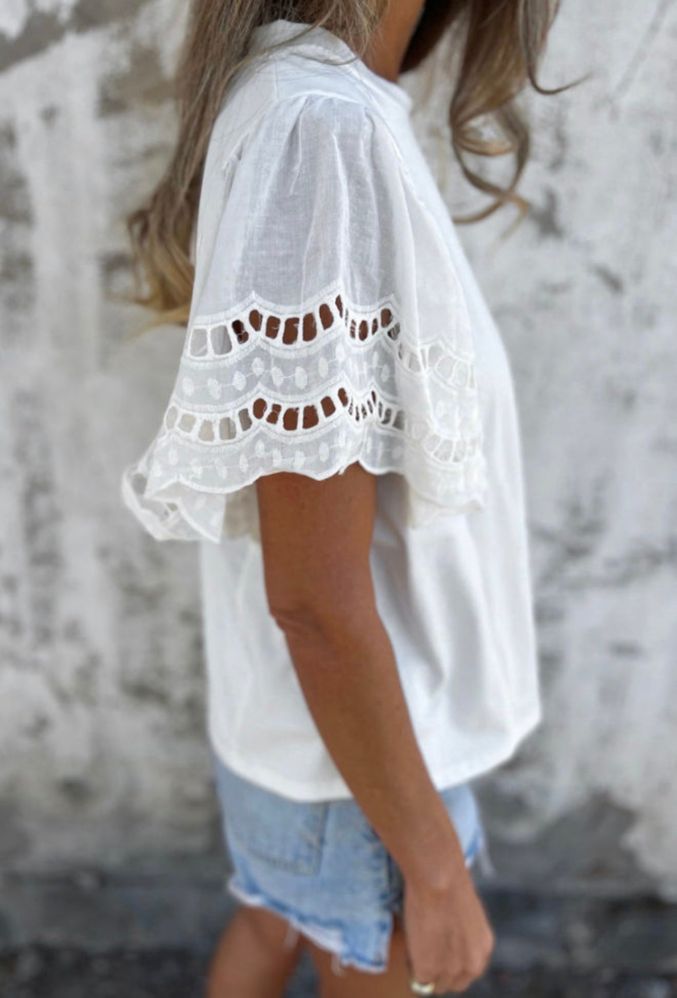 White Eyelet Ruffled Butterfly Sleeve Top