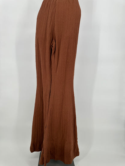Brown Textured Fabric Bell Bottom Slacks
