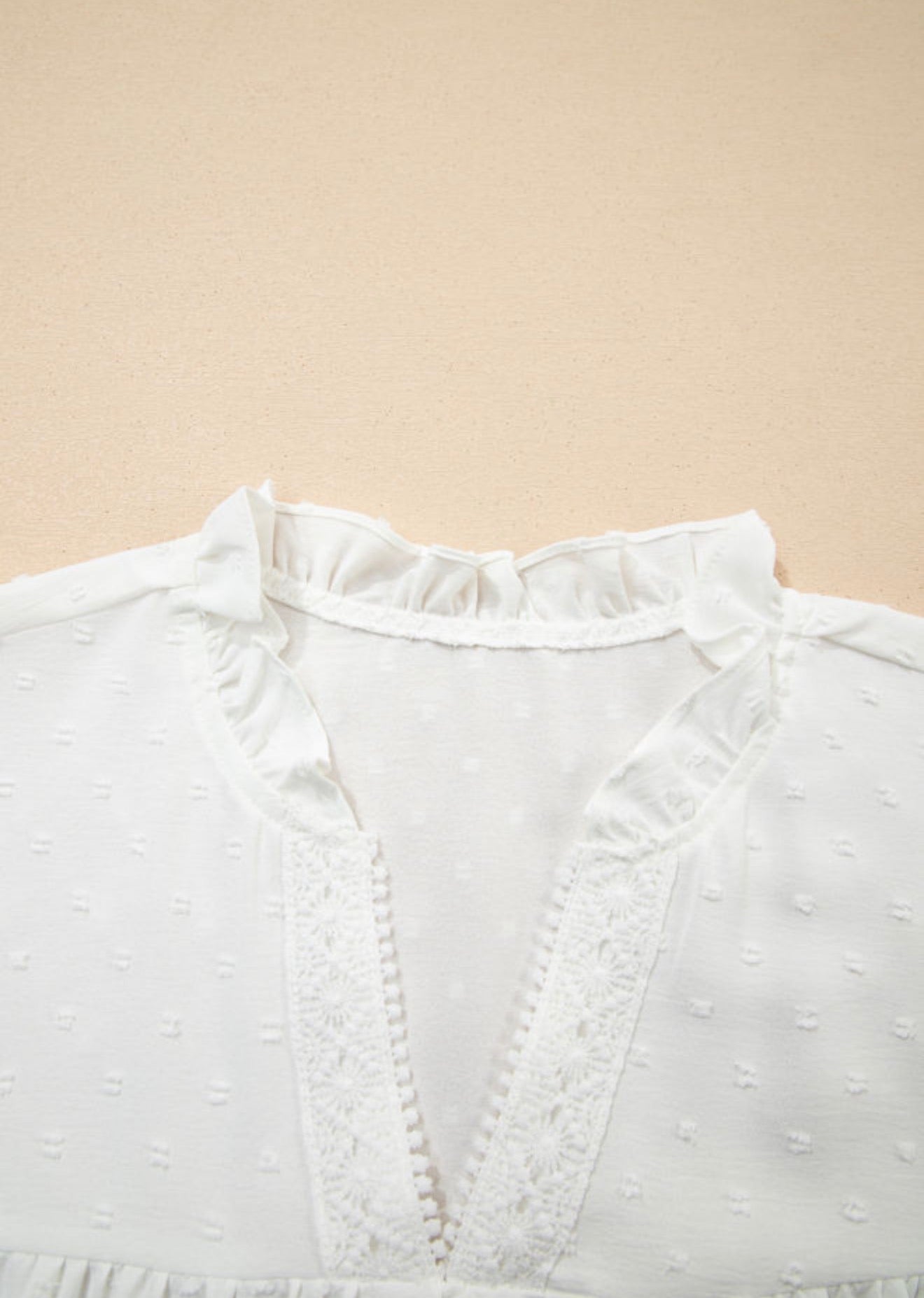 PP18 White Ruffle Lace Trimmed V Neck Top with Swiss Dot Fabric and Carefree Fit