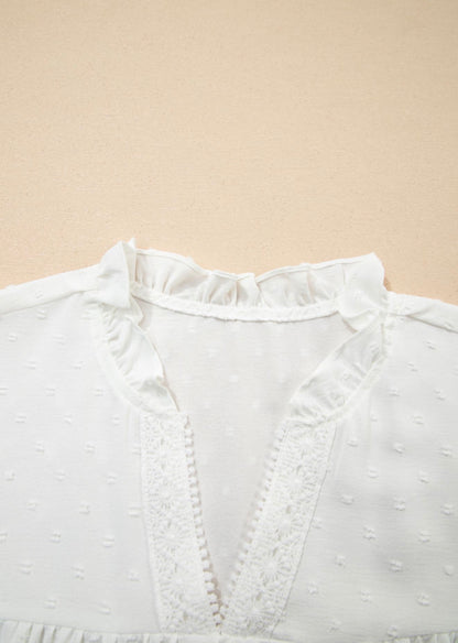 PP18 White Ruffle Lace Trimmed V Neck Top with Swiss Dot Fabric and Carefree Fit