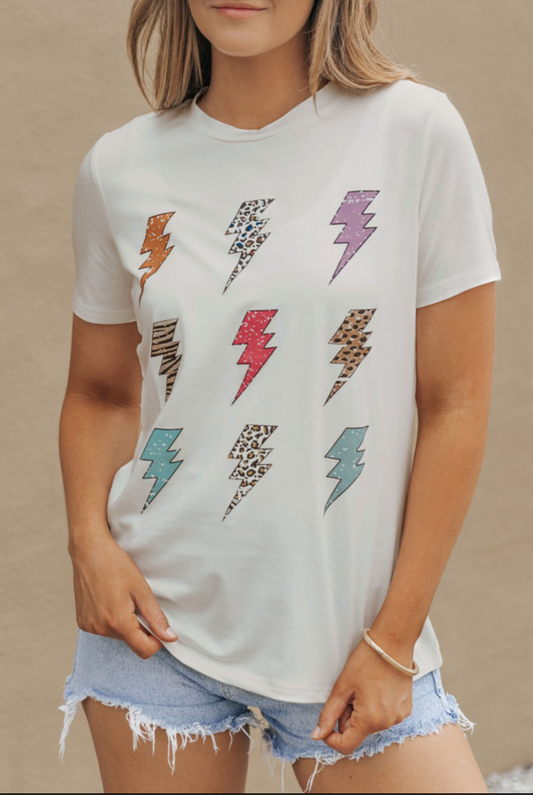 White Multi-Color Lightening Bolt Tee