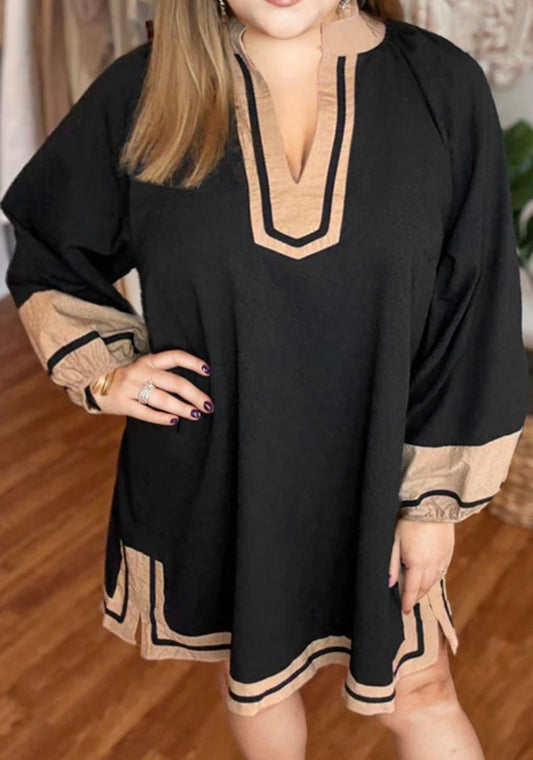 PP13 Black Long Sleeve Mini Shift Dress with Beige Stripe Detail and V Neck Design