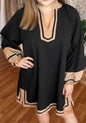 PP13 Black Long Sleeve Mini Shift Dress with Beige Stripe Detail and V Neck Design