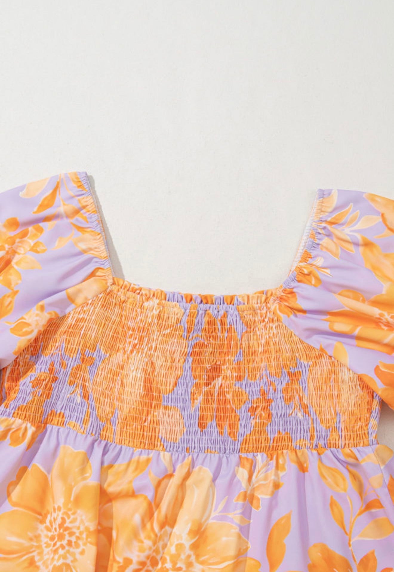 PP31 Purple and Orange Floral Square Neckline Puff Sleeve Top with Gathered Elastic Bodice for Flattering Fit