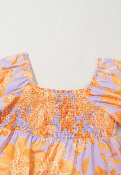 PP31 Purple and Orange Floral Square Neckline Puff Sleeve Top with Gathered Elastic Bodice for Flattering Fit