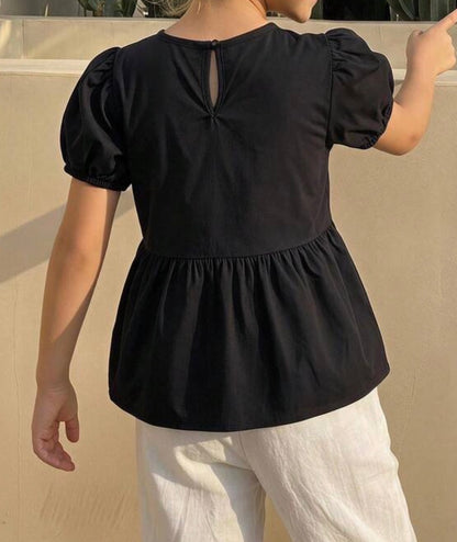 TP2 Black Peplum Style Top with Keyhole Neck Closure and Puff Short Sleeves