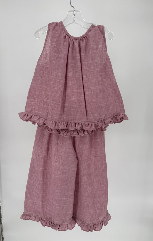Children's light plum textured fabric wide-leg ruffle hem pant set by Ivy's Gifts & Boutique, featuring two-piece design and comfortable fit.