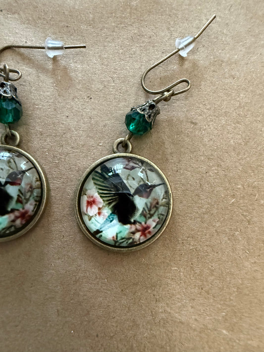 J26 Hummingbird in Acrylic Bubble Earrings in Antique Brass