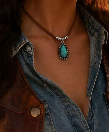 TDFT Teardrop Shape Faux Turquoise with Leatherette Necklace