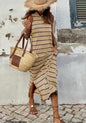 Khaki Striped Open V Back Maxi Dress