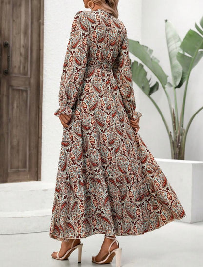 Paisley Print Long Sleeve Elastic Empire Waist Dress
