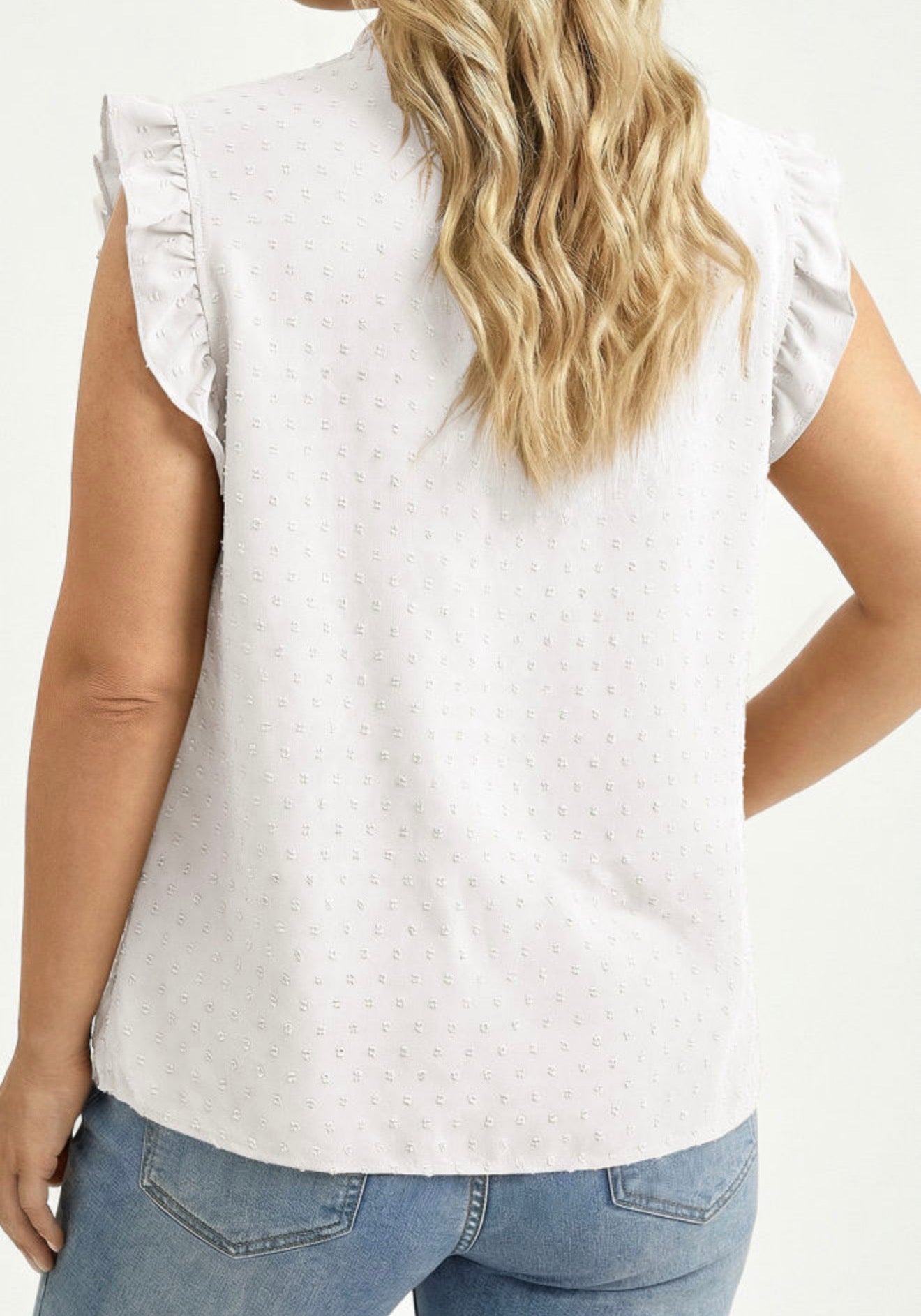 PP18 White Ruffle Lace Trimmed V Neck Top with Swiss Dot Fabric and Carefree Fit