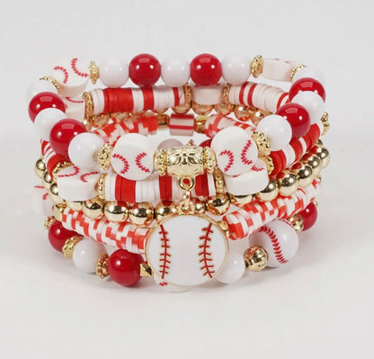 Red and white stackable stretch bracelet set featuring a baseball theme from Ivy's Gifts & Boutique.