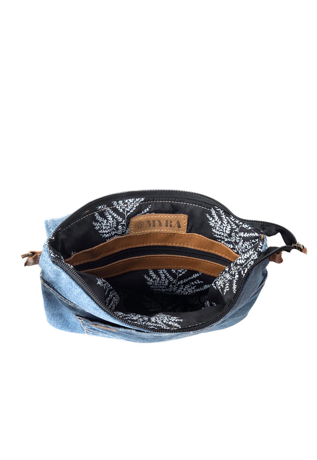 MY1 MYRA BAG Jaycee’s Day Slightly Distressed Soft Denim Crossbody Bag with Outer Phone Pocket