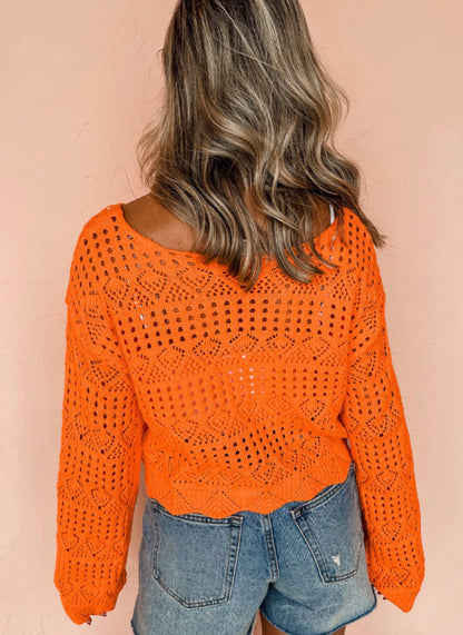 MLOS Cropped Orange Crochet Style Sweater with with Scallop Sleeves and Hem