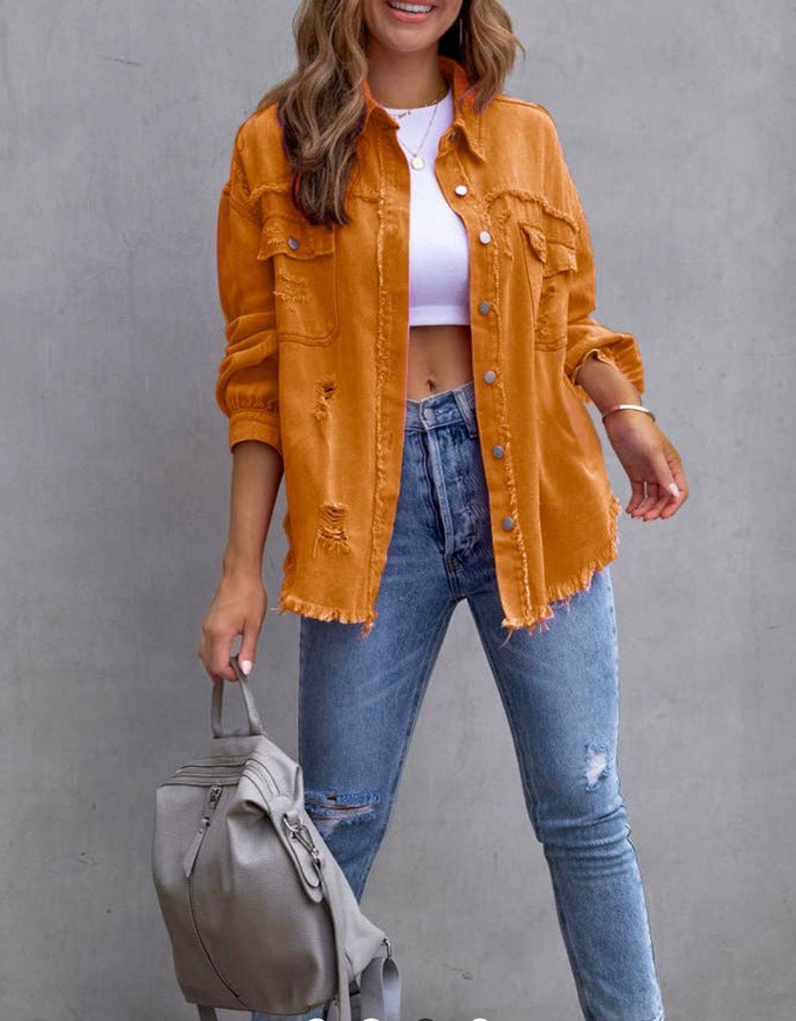 Orange denim casual lapel shacket by Ivy's Gifts & Boutique, featuring button-front design and relaxed fit.