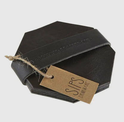 Sips Black Leather Coaster Set of 4