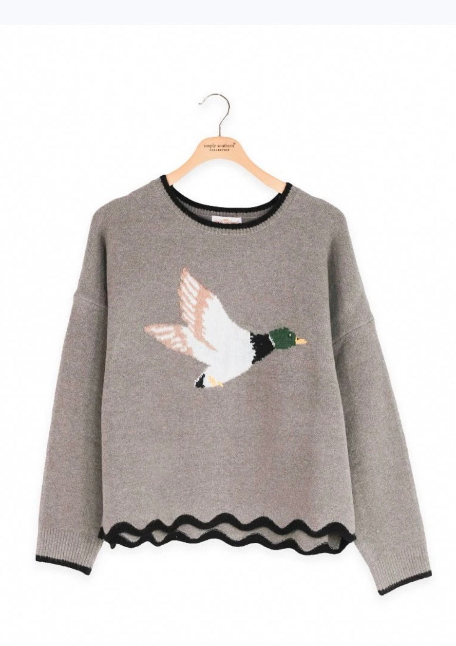 Ivy's Gifts & Boutique SSMD Mallard Duck lightweight sweater with black scallop edging, featuring a cozy, stylish design.