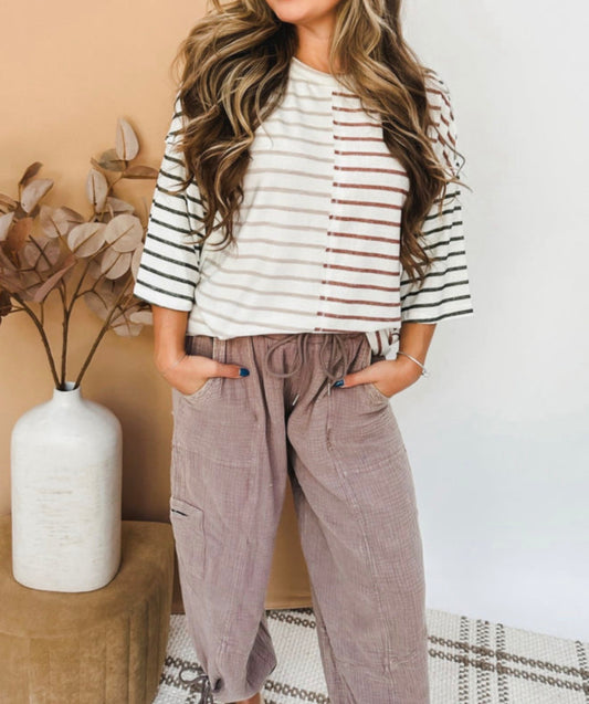 Ivy's Gifts & Boutique ML33 striped 3/4 length sleeve top, soft fabric with bold horizontal stripes, casual stylish women's clothing